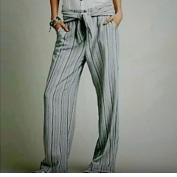 Free People Linen Rayon Blend Relaxed Fit High Rise  Stripe Wide Leg Pants Sz 8 - Picture 1 of 6